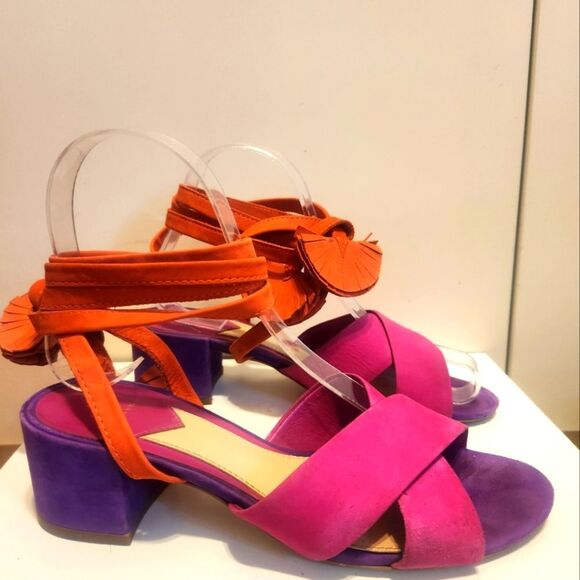 B Brian Atwood "Astor" Pink,Purple, Orange Suede Lace Up Sandals Heel Sz.6 $445 - Picture 3 of 9